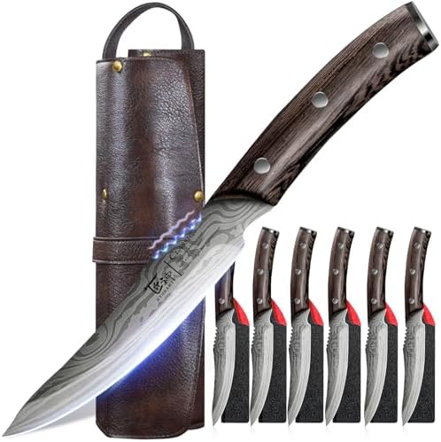 SYOKAMI Steak Knives Set of 6, Portable Leather Roll & Individual Sheaths by SYOKAMI
