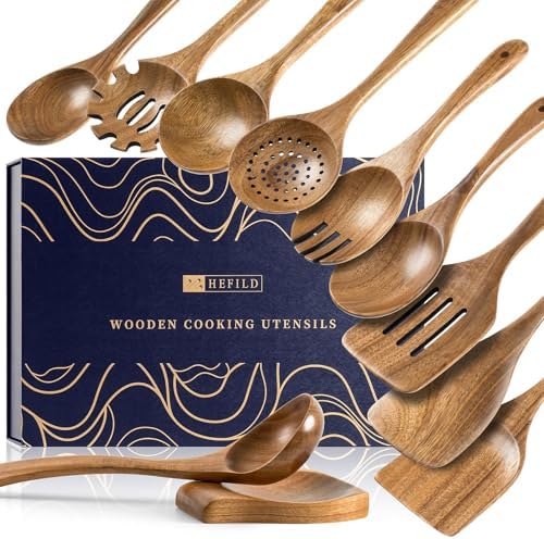 Wooden Spoons for Cooking, 11-Piece Acacia Wood Utensil Gift Set by HEFILD
