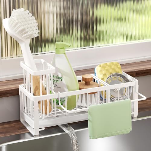 SWTYMIKI Sponge Holder for Kitchen Sink - Sink Caddy with Brush Holder Self-draining Sponge Caddy Organizer with Divider Stainless Steel Kitchen Accessories Storage for Countertop, White by SwtyMiki-TidyHomeSweetLife