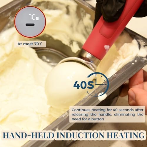 Heated Ice Cream Scoop Rechargeable, Electric Warming Ice Cream Scooper with LED Display, Heats to 158°F for Hard Ice Cream, IP67 Waterproof (Red, 2 oz) - Image 2