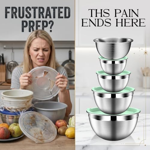 DUTZUN Mixing Bowls with Lids Set, Stainless Steel Mixing Bowl Set with Colander, Strainer with Bowls - Pistachio - Image 7