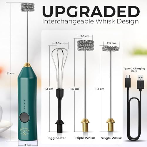 Zulay Kitchen Rechargeable Milk Frother Handheld - Frother Wand, Drink Mixer, Electric Whisk Frother, for Cappuccinos, Matcha & Protein Powder - Dynamic 3 Whisk, 3 Speed 500mAh Green Gold - Image 3
