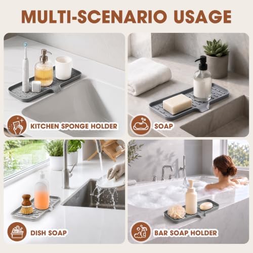 CAKETIME 2 Pack Silicone Soap Dish with Drain Spout for Bathroom Shower Caddy Kitchen Counter Bar Sponge Holder Drying Rack Sink Organizer Apartment Home Household Necessities Light Gray Large - Image 6