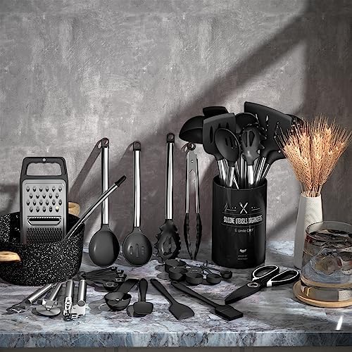 Umite Chef Thickened Kitchen Utensils Set- Silicone Cooking Utensils Set for Nonstick Cookware-Silicone Spatulas Set, Heavy Duty Stainless Steel Handle-Black Kitchen Gadgets Tools Set - Image 2