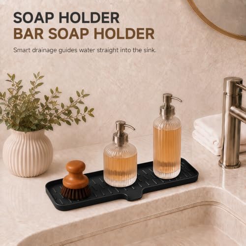 CAKETIME 2 Pack Silicone Soap Dish with Drain Spout for Bathroom Shower Caddy Kitchen Counter Sponge Holder Bar Sink Organizer Gadgets Gears Items Self Draining Jabonera Stuff Black Large - Image 5