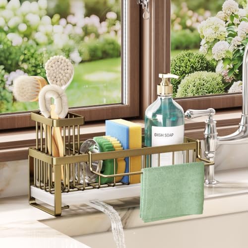 SWTYMIKI Sponge Holder for Kitchen Sink - Sink Caddy with Brush Holder Self-draining Sponge Caddy Organizer with Divider Stainless Steel Kitchen Accessories Storage for Countertop, Dark Gold by SwtyMiki-TidyHomeSweetLife