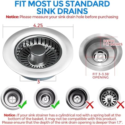 zaa Kitchen Sink Drain Strainer - Kitchen Sink Stopper, 304 Stainless Steel Sink Drain Stopper, Sink Protector for Kitchen with Anti-Clog Filter, Fit US Standard 3-1/2'' Sink Drain Hole, Gray - Image 4