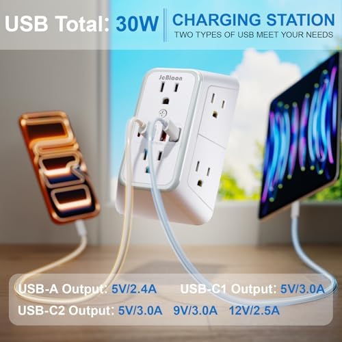 JcBlaon Surge Protector Outlet Extender 6 Outlet Extender with 4 USB Ports (PD 30W), 3 Sided 1050J Multi Plug Wall Adapter Power Strip for Home Travel Office Essentials-ETL - Image 4