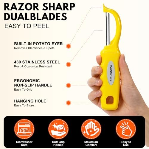 Rainspire Vegetable Peeler Potato Peelers for Kitchen, Sharp Stainless Steel Blades Veggie, Comfortable Handle Fruit Peeler, Carrot Peeler Apple Peeler Dishwasher Safe, Yellow, 2-Pack - Image 6