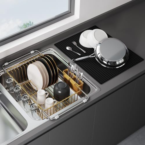 JASIWAY Gold Dish Drying Rack in Sink with Mat, Cups and Utensil Holder by JASIWAY