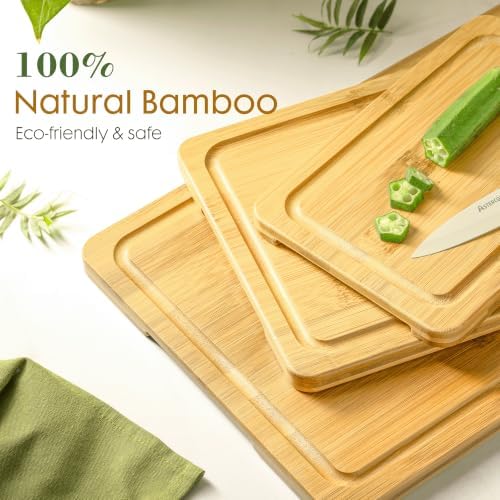 Astercook Nature Bamboo Cutting Boards for Kitchen with Wood Storage Stand, Reversible Charcuterie & Chopping Boards with Juice Grooves and Easy-Grip Handles - Image 5