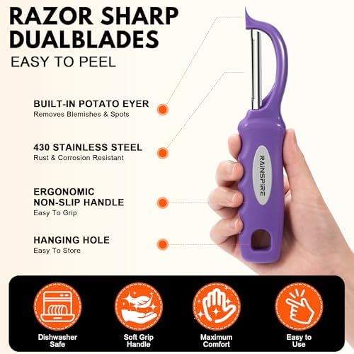 Rainspire Vegetable Peeler Potato Peelers for Kitchen, Sharp Stainless Steel Blades Veggie, Comfortable Handle Fruit Peeler, Carrot Peeler Apple Peeler Dishwasher Safe, Purple, 1-Pack - Image 6