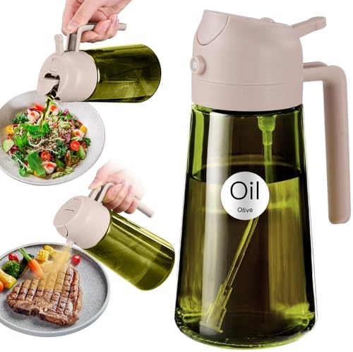YARRAMATE 16oz/470ml Light-Blocking Dark Oil Sprayer for Cooking, 2 in 1 Olive Oil Dispenser Bottle for Kitchen,Dark Green Glass Oil Bottle, Food-Grade Oil Mister for Air Fryer, BBQ (LotusRootPink) by YARRAMATE
