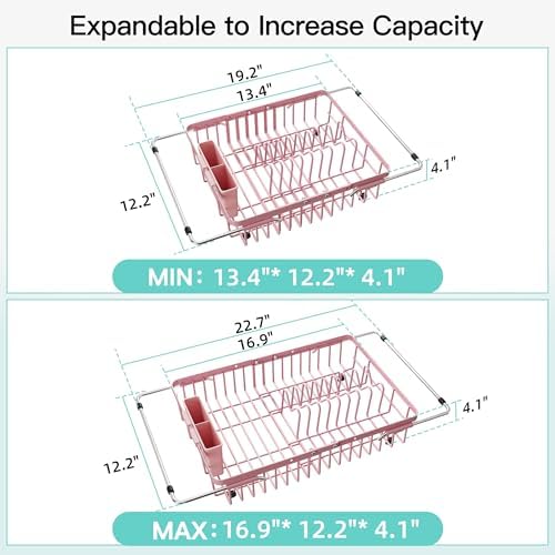 JASIWAY Pink Dish Drying Rack Over the Sink with Utensil Holder - Image 4