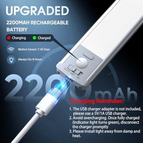 Under Cabinet Lighting, 14.7" Rechargeable Motion Sensor Light Indoor, 2 Pack Magnetic Dimmable Closet Lights, Wireless Under Counter Lights for Kitchen, Stairs,Hallway - Image 5