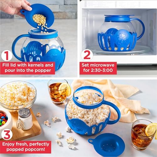 Ecolution Patented Micro-Pop Microwave Popcorn Popper with Temperature Safe Glass, 3-in-1 Lid Measures Kernels and Melts Butter, Made Without BPA, Dishwasher Safe, 3-Quart, Blue - Image 3