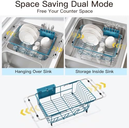JASIWAY Blue Dish Drying Rack in Sink, Dish Drainer with Utensil Holder - Image 2