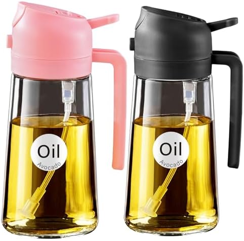 YARRAMATE 2Pcs 16oz/470ml Glass Olive Oil Sprayer for Cooking with Stickers, 2 in 1 Oil Dispenser for Kitchen Gadgets, Food Grade Premium Spray Bottle with Portion Control for Salad, BBQ (Pink&Black) by YARRAMATE