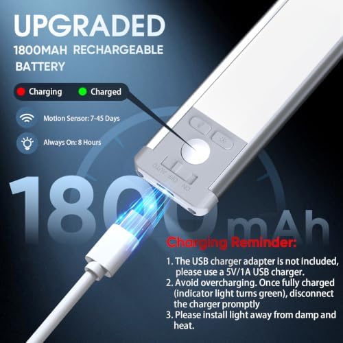 10inch Under Cabinet Lighting with 3 Color Temps, 2 Pack Rechargeable Motion Sensor Light Indoor, 5 Levels Dimmable Magnetic Closet Lights, Wireless Under Counter Lights for Kitchen, Stairs - Image 6