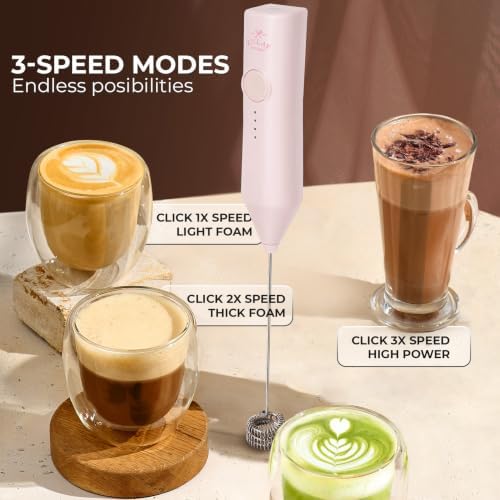 Zulay Kitchen Rechargeable Milk Frother Handheld - Frother Wand, Drink Mixer, Electric Whisk Frother, for Cappuccinos, Matcha & Protein Powder - Dynamic Triple Whisk, 3 Speed 500mAh Cotton Candy Pink - Image 5