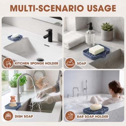 CAKETIME 2 Pack Silicone Soap Dish with Drainage Holes for Bathroom Shower Caddy Kitchen Counter Sponge Holder Bar Sink Organizer Tray Container Drying Accessories Small Case Saver Box Stuff Blue - Image 5