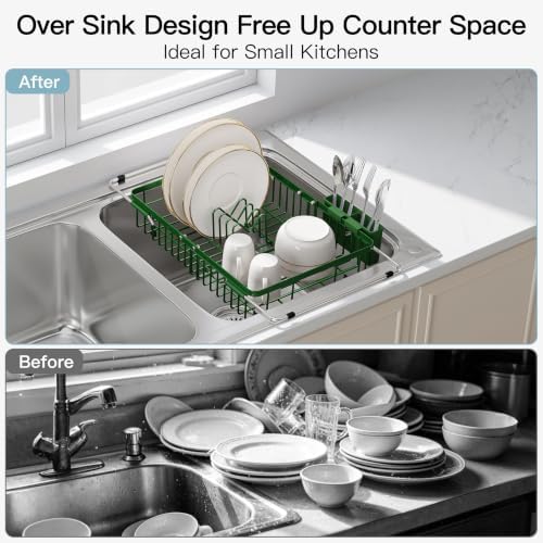 JASIWAY Green Dish Drying Rack Over the Sink with Utensil Holder - Image 2