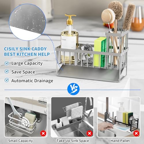 Cisily Sink Caddy Organzier with High Brush Holder, Sponge Holder for Sink, 304 Rustproof Stainless, Kitchen Countertop Soap Dispenser Organizer, Gray Kitchen Decor and Accessories - Image 3