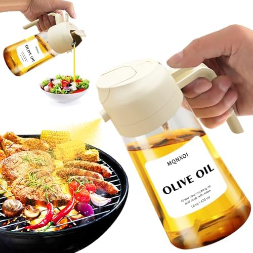 2 in 1 Glass Oil Sprayer & Dispenser,16oz/470ml Olive Cooking, Air Fryer, and Salad, for Kitchen Gadgets and Air Fryer Accessories, w/Stickers (White) by Unknown