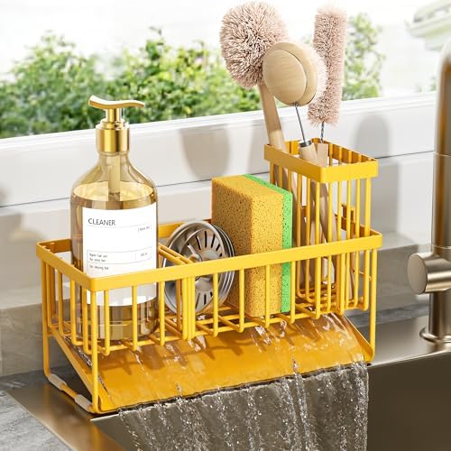 Cisily Lemon Yellow Sink Caddy Organzier with High Brush Holder, Sponge Holder for Sink, 304 Rustproof Stainless, Kitchen Countertop Soap Dispenser Organizer, Lemon Kitchen Decor and Accessories by CISILYHOMELIFE