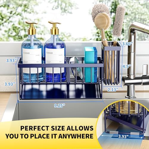 Cisily Navy Blue Sink Caddy Organzier with High Brush Holder, Sponge Holder for Sink, 304 Rustproof Stainless, Kitchen Countertop Soap Dispenser Organizer, Gray Blue Kitchen Decor and Accessories - Image 2