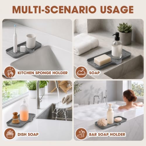 CAKETIME 2 Pack Silicone Soap Dish with Drain Spout for Bathroom Shower Caddy Kitchen Counter Bar Sponge Holder Drying Rack Sink Organizer Apartment Home Household Necessities Light Gray Medium - Image 6