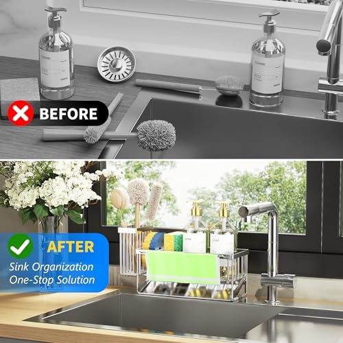 Cisily Kitchen Sink Caddy Organzier with High Brush Holder, Sponge Holder for Sink, 304 Rustproof Stainless, Kitchen Countertop Soap Dispenser Organizer (Silver With Towel Rack, 9.25″) - Image 5