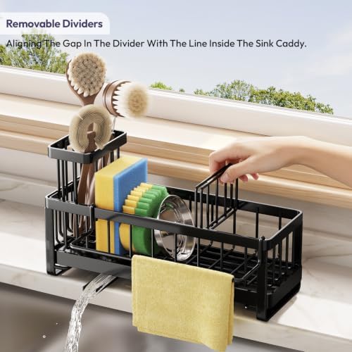 SWTYMIKI Sponge Holder for Kitchen Sink - Sink Caddy with Brush Holder Self-draining Sponge Caddy Organizer with Divider Stainless Steel Kitchen Accessories Storage for Countertop, Black - Image 5