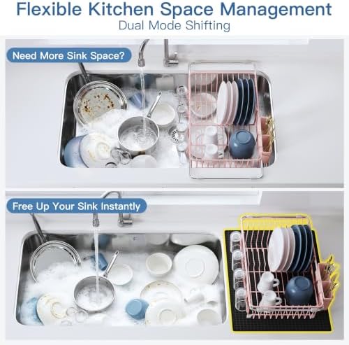 JASIWAY Pink Dish Drying Rack in Sink with Mat, Cups and Utensil Holder - Image 4