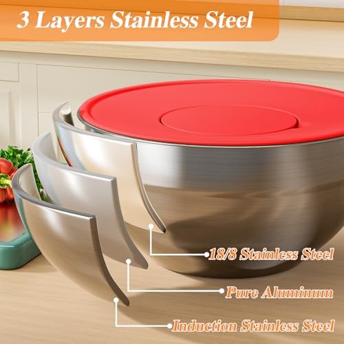 Mixing Bowls with Lids Set, 6 PCS Stainless Steel Mixing Bowls with 3 Grater Attachments, Kitchen Food Organizers Nesting Mixing Bowl, Large Size 4.5, 3.5, 2.1, 1.5, 1.1, 0.7QT-Colorful - Image 6