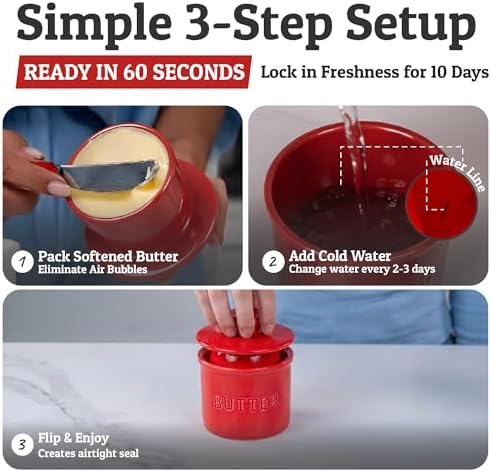 Priority Chef Large Butter Crock with Lid with Water Line, Ceramic French Butter Dish to Leave On Counter, Red - Image 3