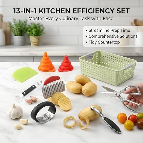 13-Piece Kitchen Gadget Set (Includes Storage Basket) — Features Kitchen Shears, Garlic Press, Knife Sharpener, Julienne Peeler, Standard Peeler, Anti-Scald Tongs (13 PCS-B) - Image 2