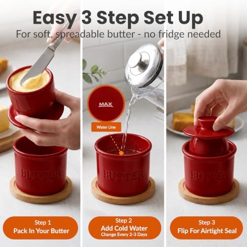 Priority Chef Butter Crock with Lid for Countertop with Spreader Knife and Water Line, Soft Spreadable Butter, Ceramic French Butter Dish with Lid, Winery - Image 3