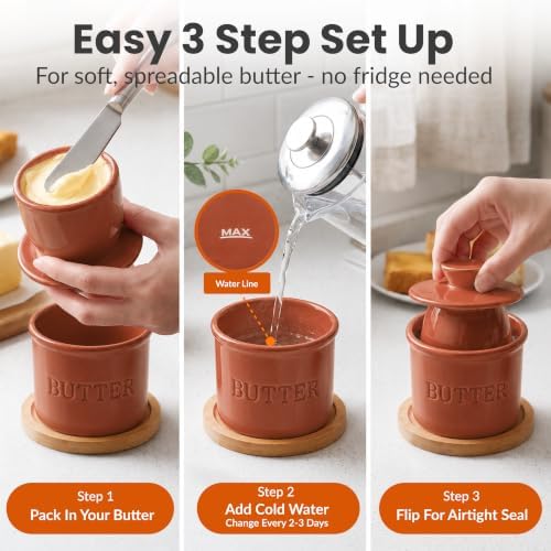 Priority Chef Butter Crock with Lid for Countertop with Spreader Knife and Water Line, Soft Spreadable Butter, Ceramic French Butter Dish with Lid, Rust - Image 3