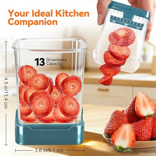 Fruit Slicer Cup for Strawberry, Banana, Hard-Boiled Egg - Detachable Cutter with Push Plate - 304 Stainless Steel Blade - Rapid & Safe Slicing Kitchen Gadget for Quick Meal Prep (Blackish green) - Image 2
