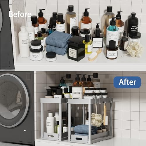 2PC Under Sink Organizer Rack 2 Tier Under Sliding Cabinet Basket Organizer Drawer with 4 Hooks, Multi-purpose Under Sink Storage for Bathroom Kitchen Desktop（Grey） - Image 3