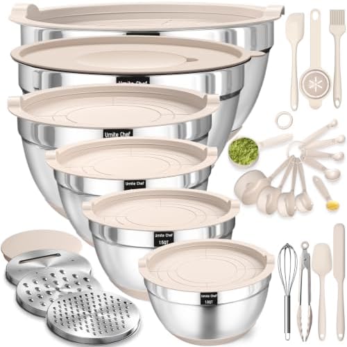 Mixing Bowls with Airtight Lids Set, 26PCS Stainless Steel Khaki Bowls with Grater Attachments, Non-Slip Bottoms & Kitchen Gadgets Set, Size 7, 4, 2.5, 2.0,1.5, 1QT, Great for Mixing & Serving by UmiteChef