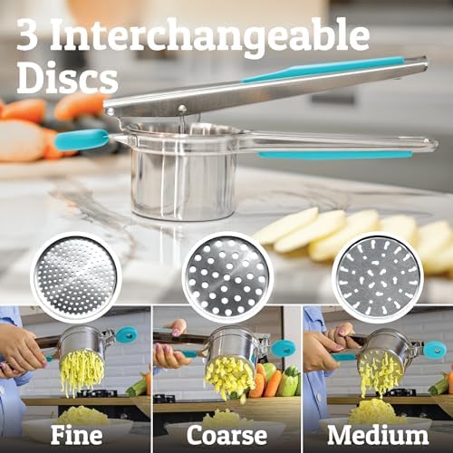 PriorityChef Large 15oz Potato Ricer With 3 Discs, Heavy Duty Stainless Steel Potato Ricer for Mashed Potatoes, Potato Masher, Press and Ricer Kitchen Tool, Turquoise - Image 3