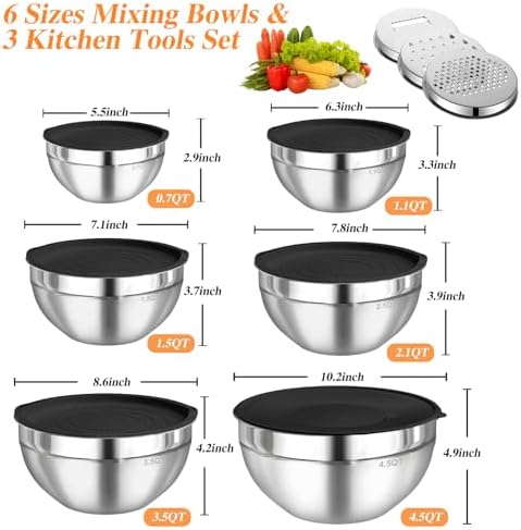 Mixing Bowls with Lids Set, 6 PCS Stainless Steel Mixing Bowls with 3 Grater Attachments, Kitchen Food Storage Organizers Nesting Mixing Bowl, Large Size 4.5, 3.5, 2.1, 1.5, 1.1, 0.7QT-Black - Image 4