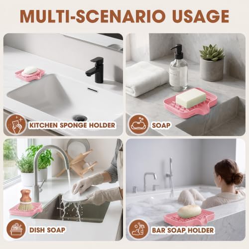 CAKETIME 2 Pack Silicone Soap Dish with Drainage Holes for Bathroom Shower Caddy Kitchen Counter Sponge Holder Bar Sink Organizer Tray Container Drying Toiletries Essentials Cute Girl Pink Gifts - Image 5