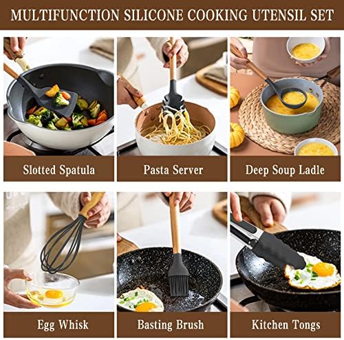Umite Chef Kitchen Cooking Utensils Set, 33 pcs Non-stick Silicone Spatula Set with Holder, Woodle Handle Heat Resistant Gadgets Utensil (Gray) - Image 3