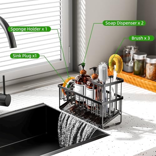 Cisily Extra Large Kitchen Sink Caddy Organzier with High Brush Holder, Sponge Holder for Sink, 304 Rustproof Stainless, Kitchen Countertop Soap Dispenser Organizer For Decor and Accessories - Image 5