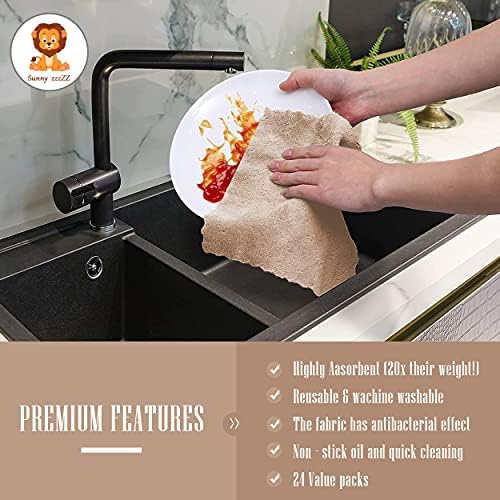 Sunny zzzZZ 24 Pack Kitchen Dishcloths - Does Not Shed Fluff - Reusable Dish Towels, Dish Cloths, Super Absorbent Coral Fleece Cleaning Cloths, Nonstick Oil Washable Fast Drying, 7 x 9 Inch (Brown) - Image 6