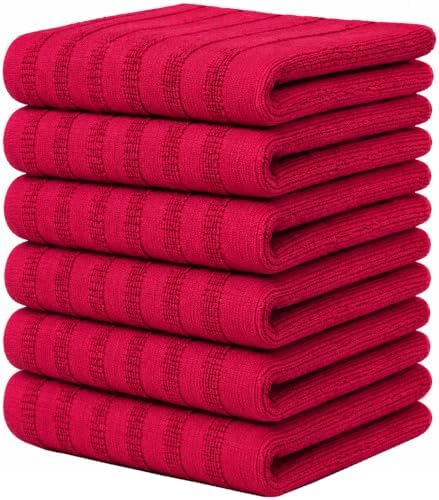 Premium Kitchen Towels 6 Pack 100% Cotton, 20"x28" - Red Solid by BumbleTowels