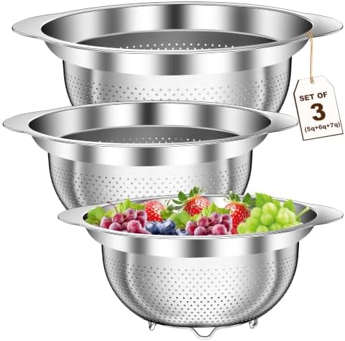Large Strainers and Colanders, Big Stainless Steel Colanders for Kitchen, Stainless Steel Strainer Set of 3 (7 QT, 6 QT, 5 QT) for Draing Pasta Spaghetti Fruit Vegetable by STOCKPOT